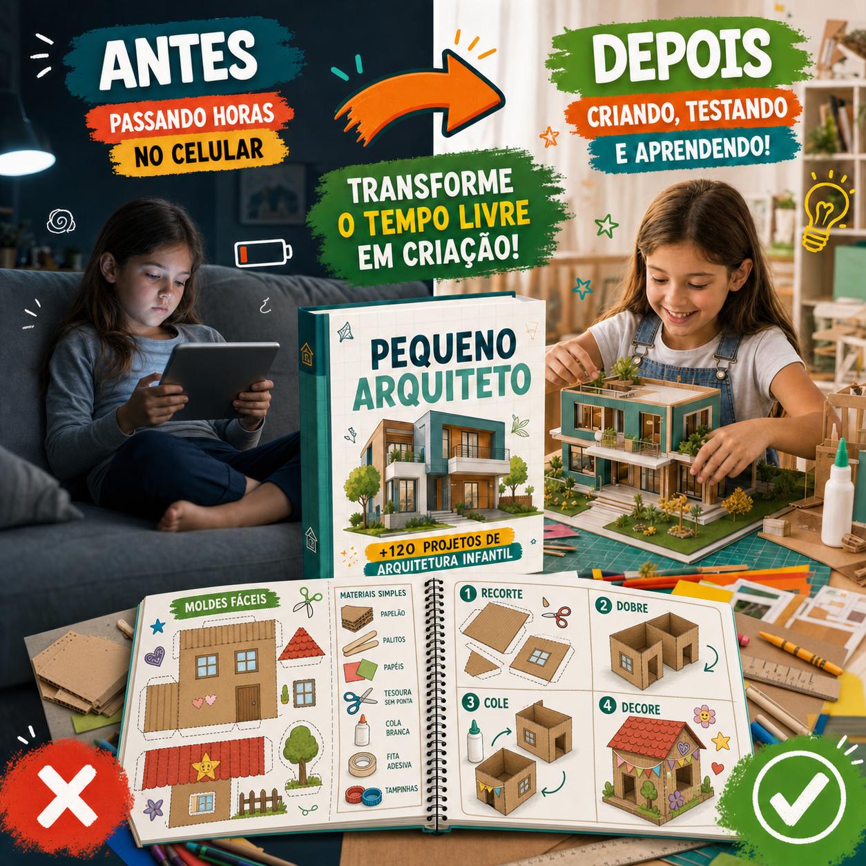 Crianças criando projetos de arquitetura com materiais simples — Kit Pequeno Arquiteto